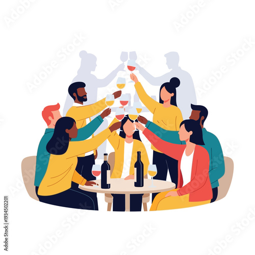 Diverse group of friends toasting wine glasses at a round table, celebrating