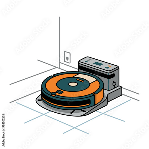 Smart robotic vacuum cleaner docked at charging base on tiled floor. Concept of modern home automation and smart technology atmosphere