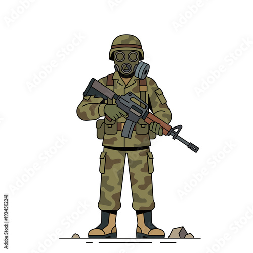Armed soldier wearing gas mask and camouflage uniform holding rifle. Concept of military defense and hazardous environment protection atmosphere