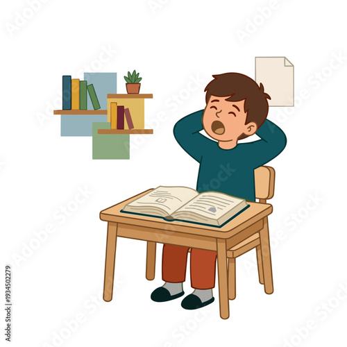 Sleepy student yawning behind open book at school desk. Concept of boredom and academic fatigue atmosphere