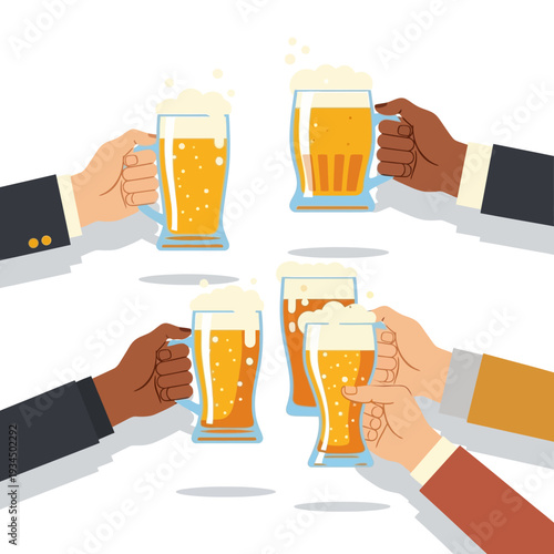 Diverse group of hands clinking beer glasses in a toast, celebrating friendship and success