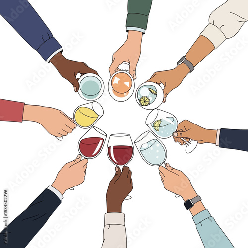 Diverse group of hands clinking glasses in a celebratory toast, symbolizing unity and friendship