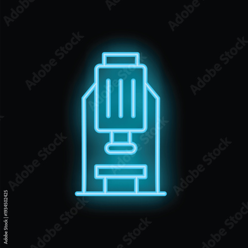 Blue neon icon of a paper shredder glowing on a black background