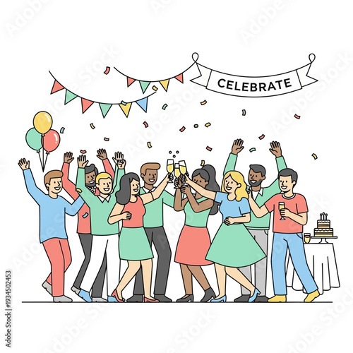 Diverse group of people celebrating with champagne and confetti, party banner says "CELEBRATE"