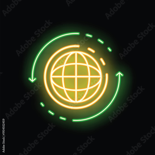 Neon sign illustrating the concept of global business with two arrows surrounding planet earth