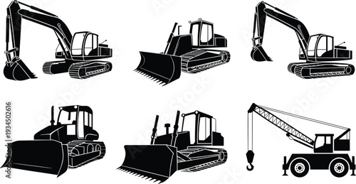 Black silhouette vector illustrations of heavy construction machinery including excavators, bulldozers, and cranes for engineering and industrial themes.