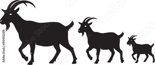 Family of goats: A large adult goat with two smaller goats walking together, rendered in black silhouette.