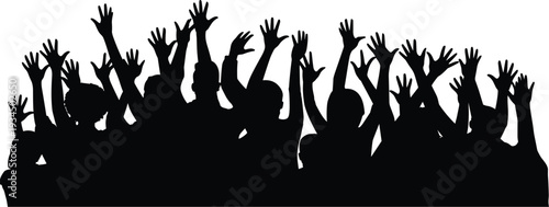 Silhouette of cheering crowd with raised hands, excited people celebrating at concert or festival isolated on white background