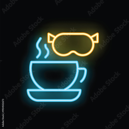 Neon sign illuminating a steaming coffee cup and a sleeping mask, symbolizing the transition from sleep to a productive day