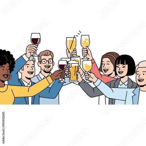 Diverse group of people celebrating with drinks, toasting and smiling