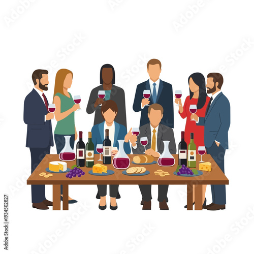 Diverse group of people enjoying wine tasting event at a table with food and drinks
