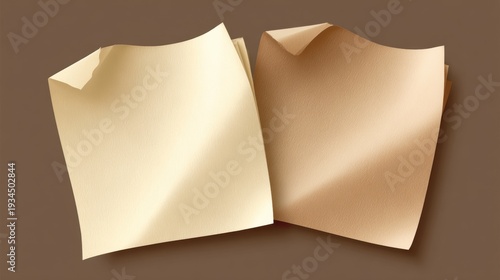 Two sheets of paper on a brown background with different colors and textures