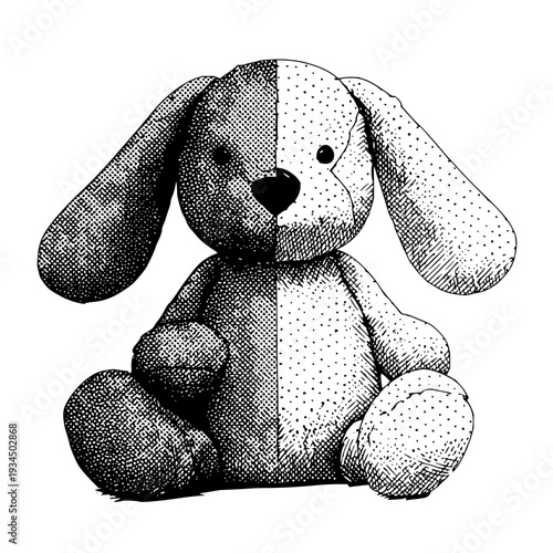 Stuffed bunny with unique half tone design and long ears sits upright looking adorable and sweet