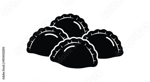 A simple black and white illustration depicting a small pile of pierogi dumplings in a stark silhouette