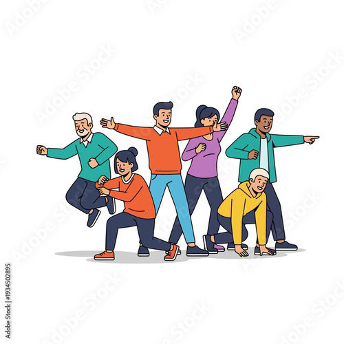 Diverse group of people posing dynamically, celebrating success and teamwork