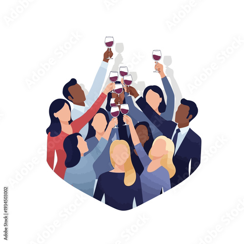 Diverse group of people toasting with red wine glasses at a celebration, happy gathering