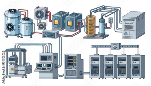 Industrial machinery and equipment diagram with interconnected pipes and tanks.