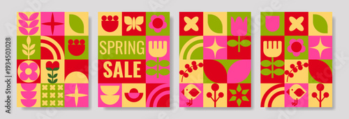 Vibrant geometric spring collage, bold fuchsia, lime and yellow tile motifs with tulips, arches and stars, playful market poster feel for popup shop or seasonal