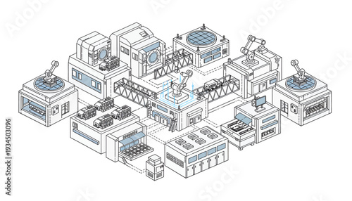 Isometric illustration of a factory with various industrial machines and equipment.