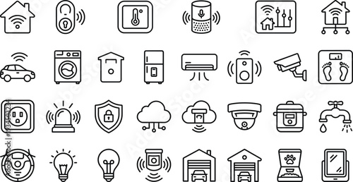 Modern Thin Line Smart Home and IoT Icons Set with Security, Automation, Wireless Devices, Appliances and Connected Technology Symbols