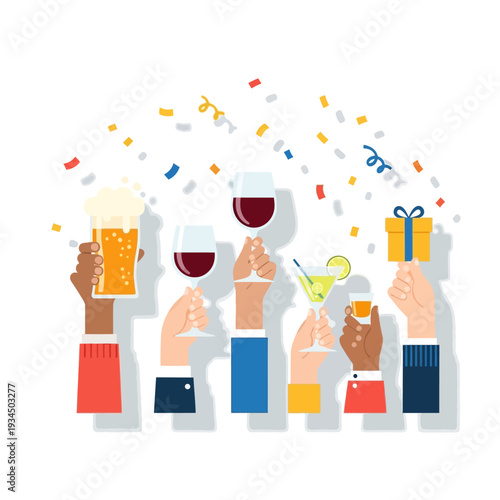 Diverse Hands Toasting Drinks and Gift Box with Confetti Celebration