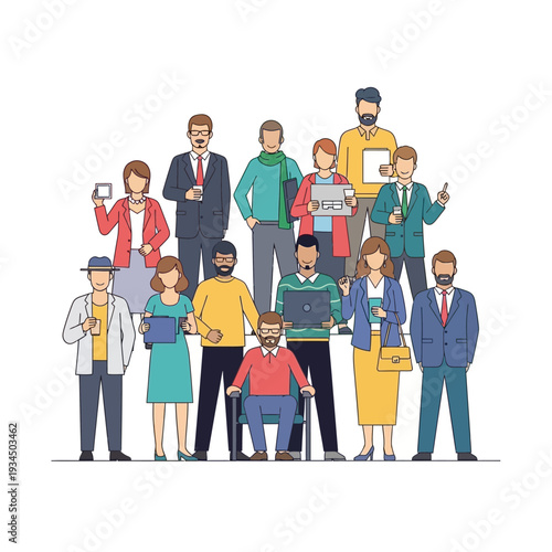 Diverse team of professionals collaborating in an office setting, modern business people