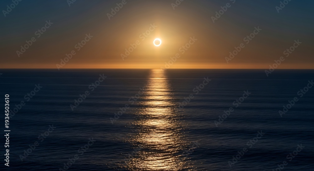 Obraz premium Sunset over the ocean with a bright orange and yellow glow reflecting on the water.