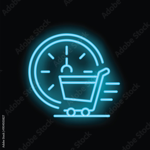 Neon blue shopping cart speeding on clock background representing fast delivery service
