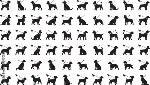 Diverse Collection of Dog Silhouettes on Leashes in Various Poses and Breeds, Black Vector Illustration Set