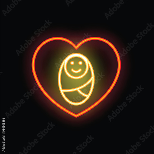Neon heart surrounding a smiling baby icon, symbolizing parental love, care, and protection