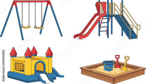 Colorful Playground Set Including Swing, Slide, Bouncy Castle, and Sandbox for Kids