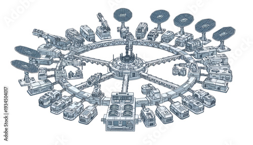 Futuristic satellite communication network with multiple dishes and servers.