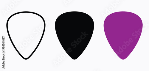 Guitar pick including outline, black solid and purple plastic plectrum icons for music design, instrument branding, logo creation and professional digital or print projects.