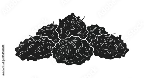 A striking black silhouette depicts a cluster of rounded organically shaped forms resembling clouds or foliage silhouette
