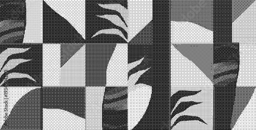 Black and white geometric pattern with abstract shapes and lines on textured surface