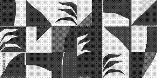 Black and white geometric pattern with abstract shapes and lines on textured surface