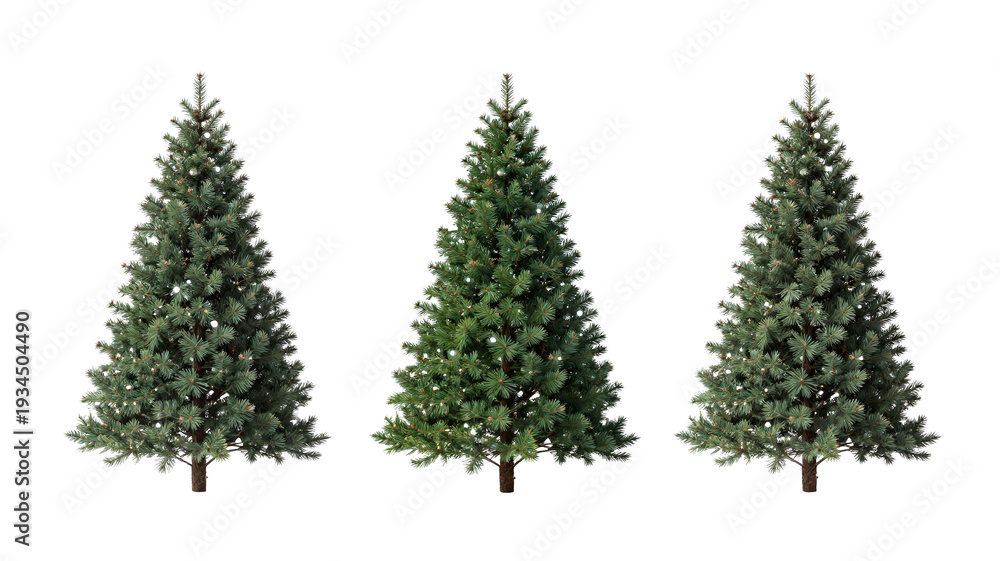 Obraz premium Three isolated Christmas trees on a transparent background, ready for holiday decorations and festive designs