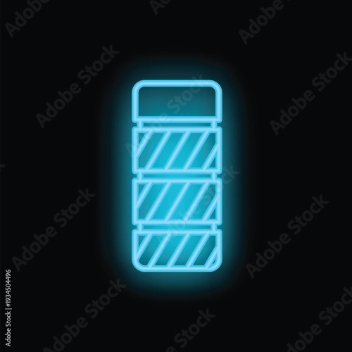 Blue neon sign of a striped roadblock is glowing on a black background