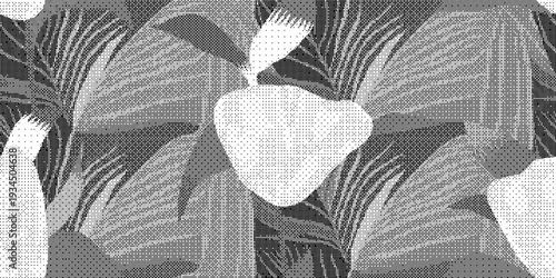 Black and white floral pattern with leaves and flowers on gray background