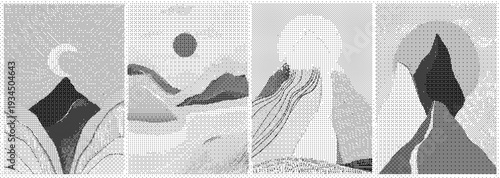 Black and white halftone images of abstract shapes and landscapes in a collage