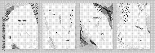 Halftone images of abstract shapes and textures in a collage arrangement