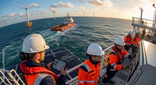 Engineers inspecting offshore wind turbines from a service vessel deck at sunrise
