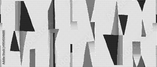 Black and white abstract shapes in a halftone pattern composition