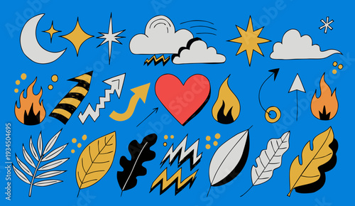 Collection of Hand Drawn Icons with Night Stars, Tropical Leaves ,Grunge Brush Stroke, Arrows Set, Red Heart , Shadow Effect, Clouds Flying and Fire Flames Background .vector icon