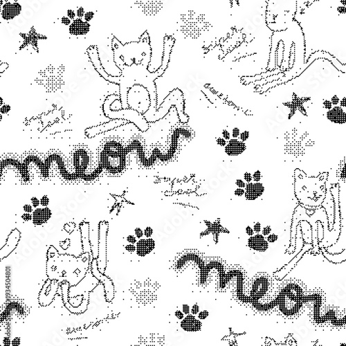 Black and white cat pattern with paw prints and stars