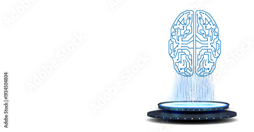 Concept design of a digital brain above a platform with a blue glow, representing artificial intelligence and technology