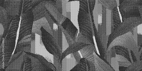 Closeup of monochromatic illustration of leafy plants and foliage in gray tones on textured background