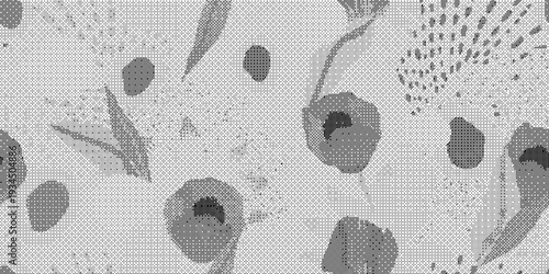 Monochromatic illustration of various leafy plants and cells in gray tones