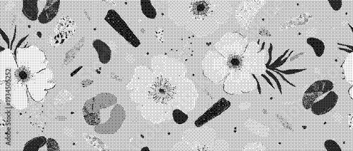 Black and white floral patterns on textured background for design
