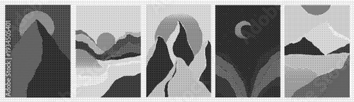 Black and white abstract images of shapes and forms on a gray background